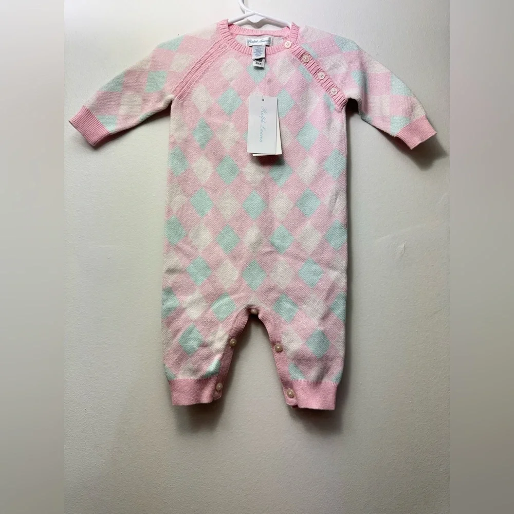 Ralph Lauren Pink and Mint Argyle Knit One-Piece 100%cotton